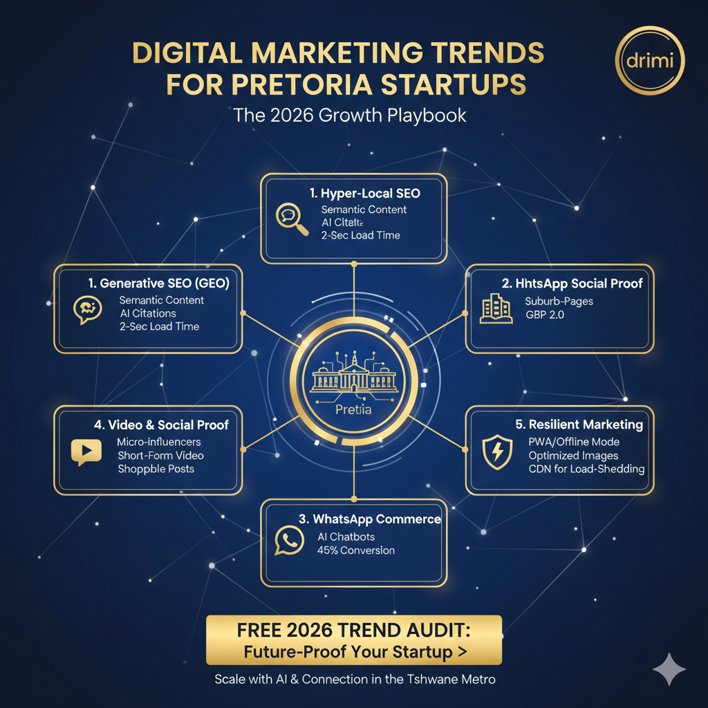 Infographic showcasing 2026 digital marketing trends for Pretoria startups including hyper-local SEO, WhatsApp commerce, and resilient marketing strategies in a blue and gold theme.